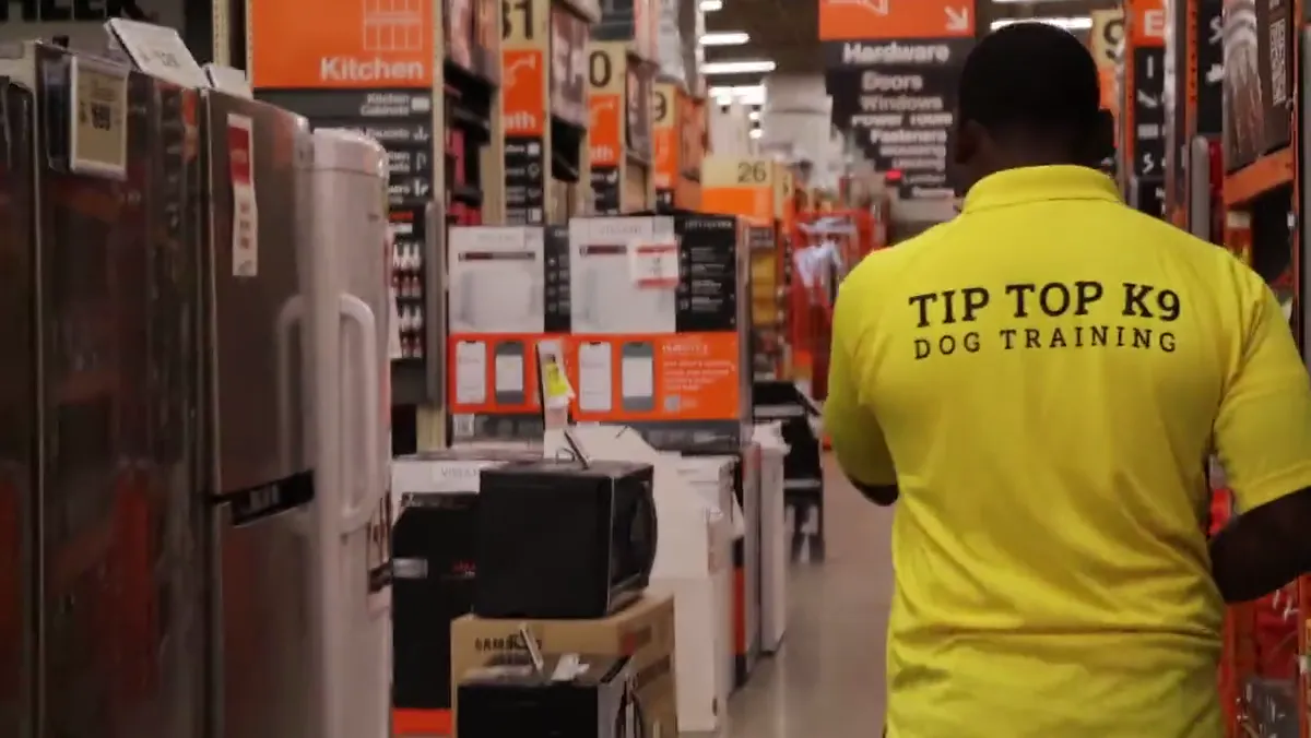 A Tip Top K9 trainer proofing a dog's obedience inside a busy hardware store near Porter