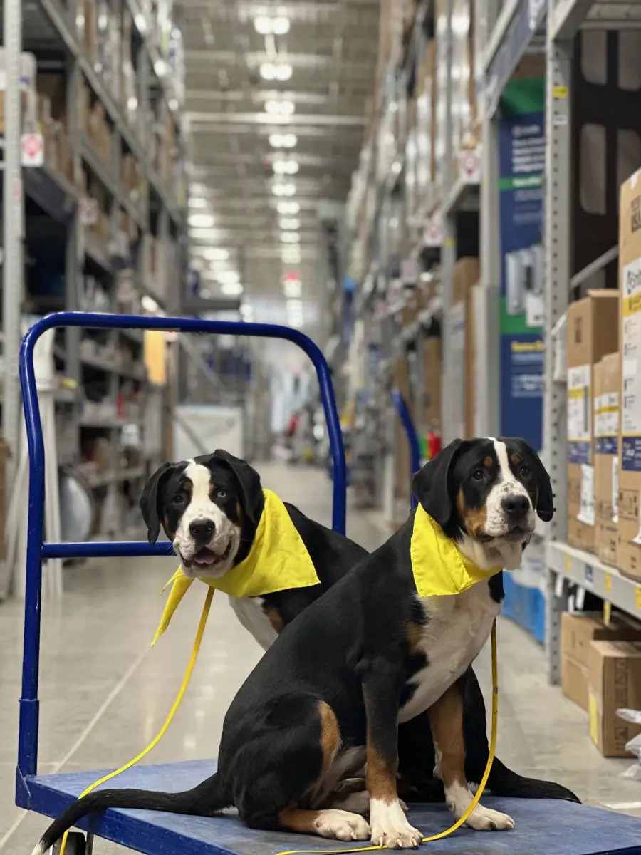 Two Greater Swiss Mountain Dogs calmly riding a cart inside a store — proof of where Board & Train can take a dog